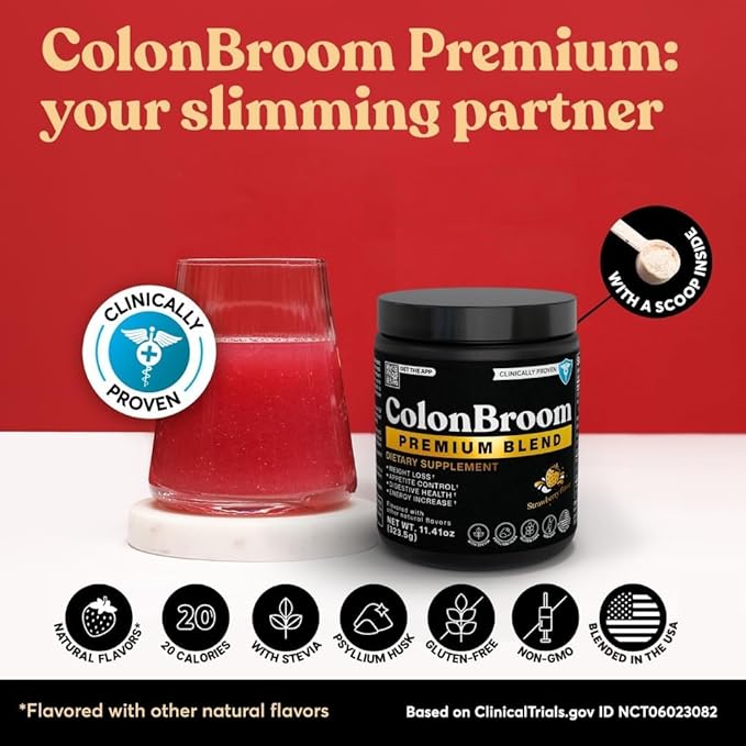 ColonBroom Premium Powder Supplement (Strawberry) - Colon Broom Psyllium Husk Fiber Powder Drink - Gluten Free, Non-GMO Colon Cleanse for Bloating Relief & Gut Health, 50 Servings