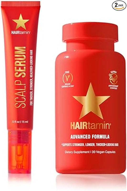 HAIRtamin Advanced Hair & Scalp Serum Pack | All-Natural Vegan Biotin Capsules & Serum Sample for Hair, Skin & Nail Growth