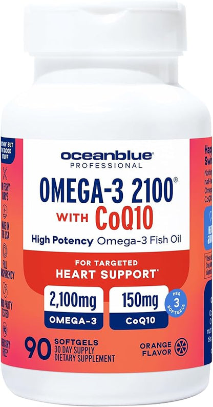 Oceanblue Professional Omega-3 2100 with CoQ10 – 90 ct – Triple Strength Fish Oil Supplement with High-Potency EPA and DHA, and CoQ10 – Orange Flavor (30 Servings)