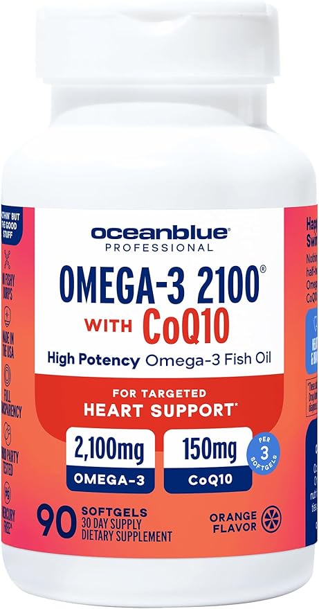 Oceanblue Professional Omega-3 2100 with CoQ10 – 90 ct – Triple Strength Fish Oil Supplement with High-Potency EPA and DHA, and CoQ10 – Orange Flavor (30 Servings)