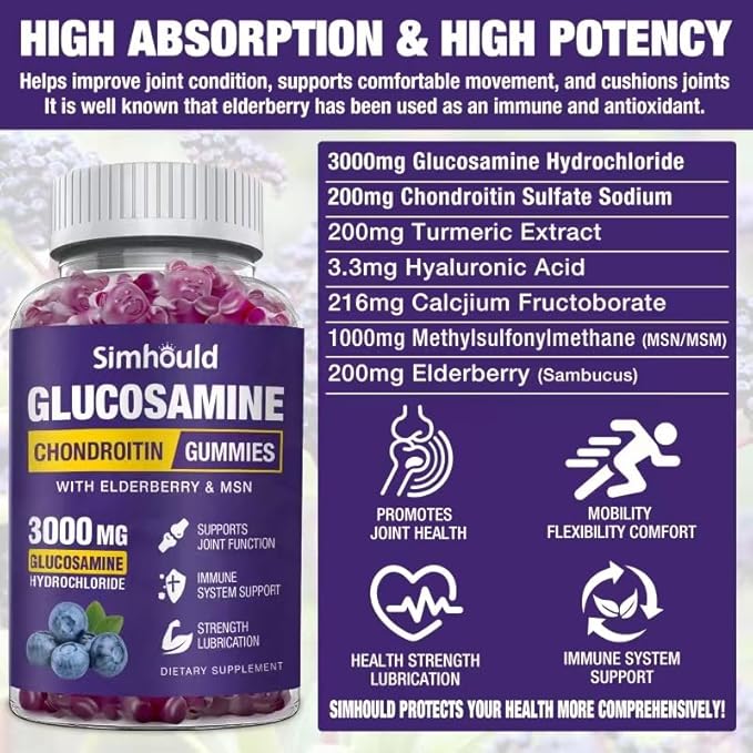 2 Packs Glucosamine Chondroitin Gummies - 3000MG Extra Strength Joint Support Supplement with MSM & Elderberry, Flexibility, Antioxidant Immune Support Gummy for Adults, Men & Women