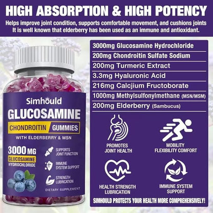 2 Packs Glucosamine Chondroitin Gummies - 3000MG Extra Strength Joint Support Supplement with MSM & Elderberry, Flexibility, Antioxidant Immune Support Gummy for Adults, Men & Women