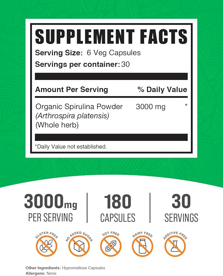 BulkSupplements.com Spirulina Capsules - Green Superfood Supplement, Spirulina 3000mg, Spirulina Supplement - Vegan, 6 Capsules per Serving, 180 Veg Capsules (Pack of 1)