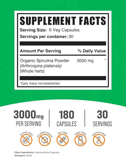 BulkSupplements.com Spirulina Capsules - Green Superfood Supplement, Spirulina 3000mg, Spirulina Supplement - Vegan, 6 Capsules per Serving, 180 Veg Capsules (Pack of 1)