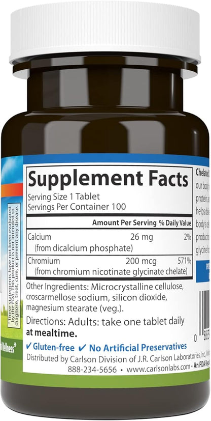 Carlson Chelated Chromium 200 mcg Superior Absorption - Healthy Metabolism Energy Production & Optimal Wellness - 100 Tablets