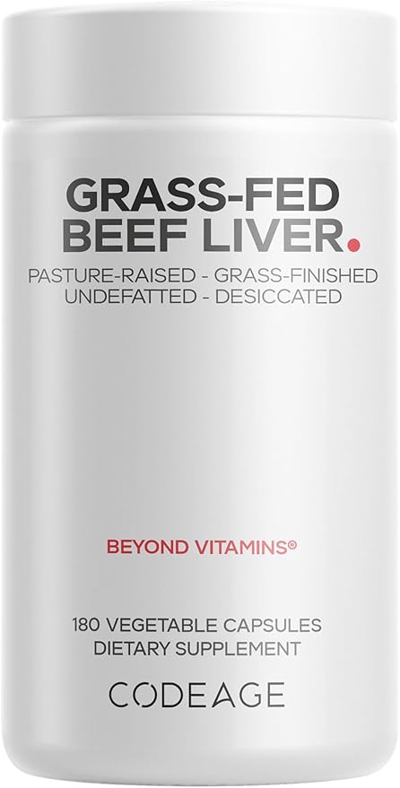 Codeage Grass Fed Beef Liver Supplement Superfood, Freeze Dried, Non-Defatted, Desiccated Glandulars Bovine Pills, Pasture Raised Beef Vitamins, Non-GMO Liver Meat, 180 Capsules