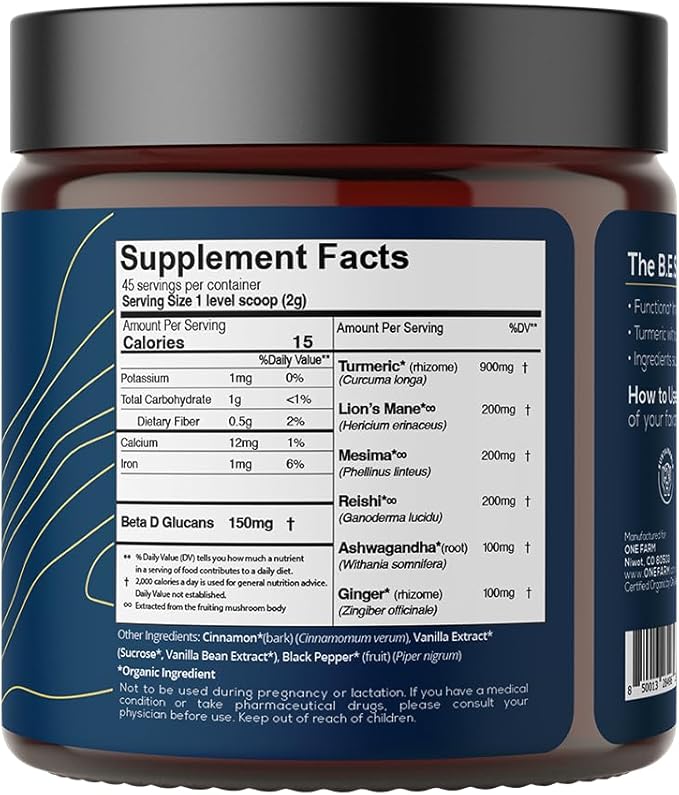 Turmeric Latte Powder - USDA Organic >5% Curcuminoid Turmeric, Lions Mane, Ashwagandha, Ginger, Cinnamon in a Resealable Glass Jar, 45 Servings - Perfect for Making Golden Milk