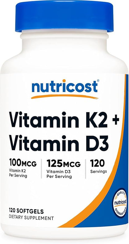 Nutricost Vitamin K2 (MK7) (100mcg) + Vitamin D3 (5000 IU) 120 Softgels - Gluten Free and Non-GMO