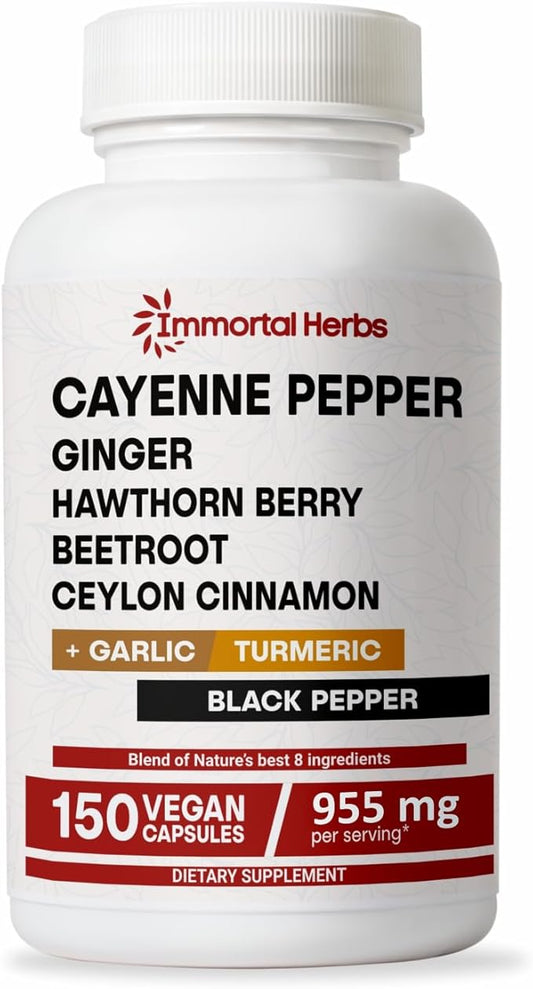 Cayenne Pepper Capsules w/Garlic, Ginger, Hawthorn, Turmeric, Cinnamon, Beet Root and Black Pepper Extract, 150 Cayenne Capsules, Non-GMO & Gluten Free Capsaicin Supplement