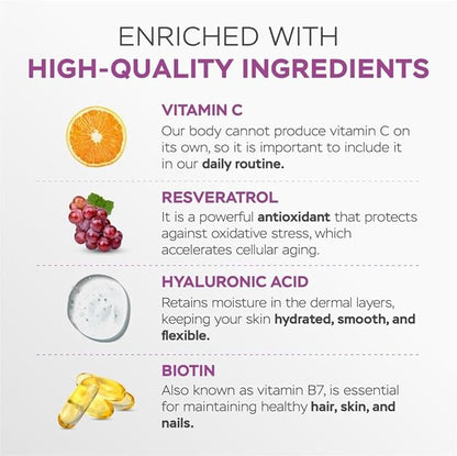 Collagen Peptide Capsules with Hyaluronic Acid, Vitamin C, Biotin and Resveratrol - Collagen Supplements for Women & Men - Hair, Nails, Skin & Joint Vitamins - 60 Count (Pack of 3)
