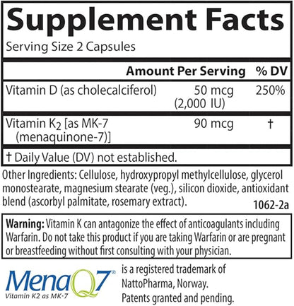 Carlson - Vitamin D3 + K2, 50 mcg (2000 IU) Vitamin D3 & 90 mcg Vitamin K2 as MK7, Bone Support, Calcium Absorption, 120 Capsules
