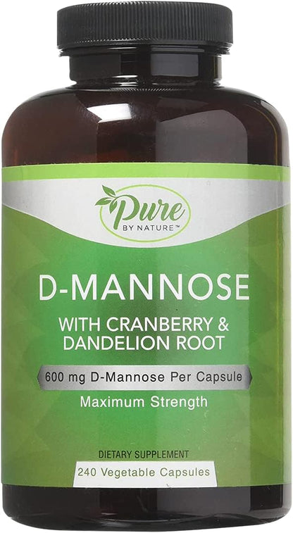 Pure By Nature 600mg D-Mannose Vegan Capsules with Cranberry & Dandelion Extract, Urinary Tract Health Support, Flush Impurity, Detox Body, 240 Count