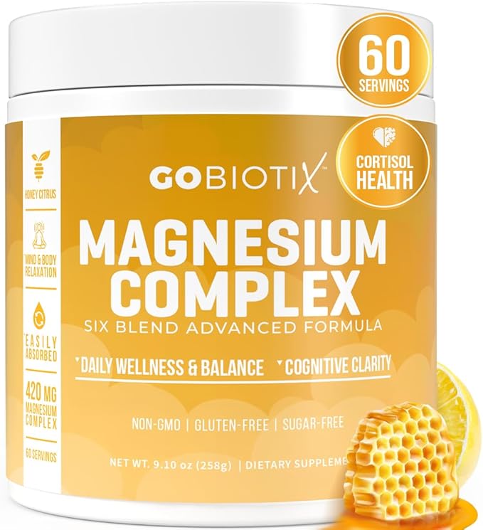 GoBiotix Magnesium Glycinate Powder – Cortisol Supplement for Women and Men – High Absorption Magnesium Complex Calm Supplement with Citrate, Malate – Sugar Free – 420 mg, 60 Servings, Honey Citrus