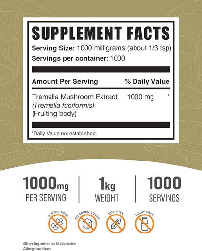 BulkSupplements.com Tremella Mushroom Extract - Tremella Fuciformis Extract, Mushroom Supplement - Vegan & Gluten Free, 1g per Serving, 1kg (2.2 lbs) (Pack of 1)