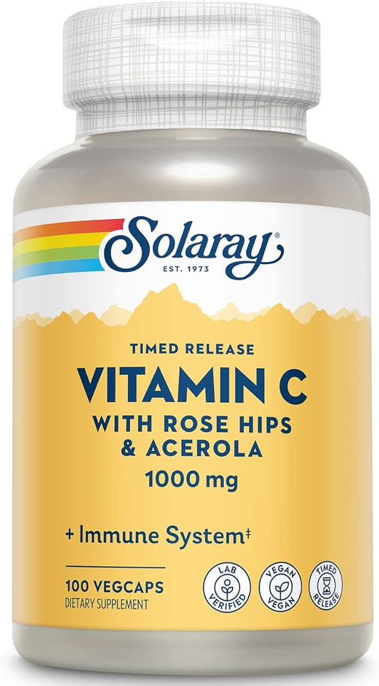 SOLARAY Vitamin C 1000mg - Time Release Vitamin C Capsules w/Rose HIPS and Acerola for Bioflavonoid Support - Two-Stage, All-Day Immune Support - Vegan, 60 Day Guarantee, 100 Servings, 100 VegCaps