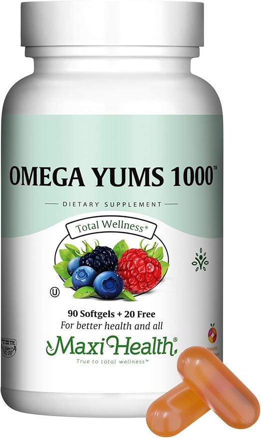 Maxi Health Omega Yums 1000 - Kid Friendly - Fruity Burst Flavor - 110 Softgel Capsules - Kosher