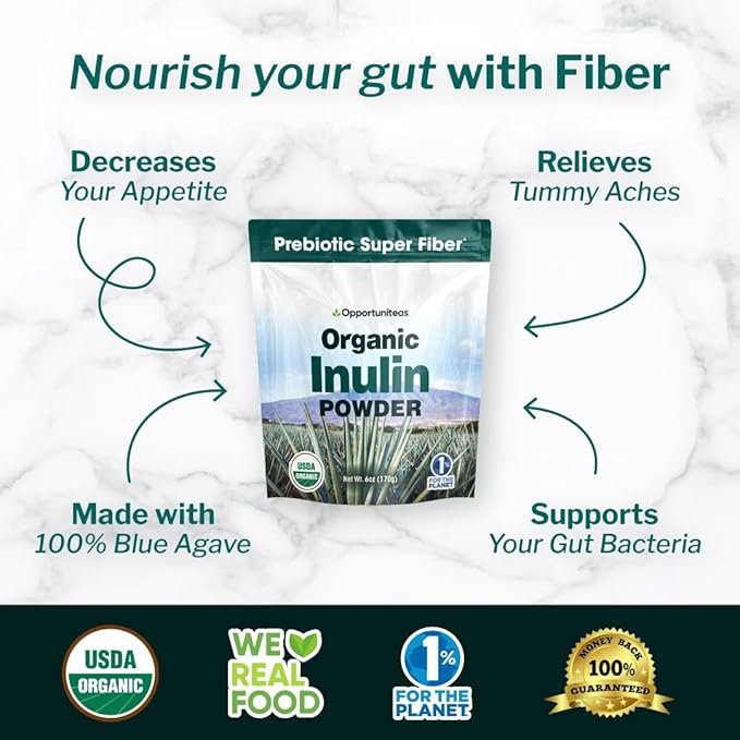 Opportuniteas Organic Inulin Powder - Prebiotic Fiber Made from Blue Agave - Support Digestion, Regularity & Gut Health - Natural Detox Cleanse - Non GMO, Vegan, & Gluten Free-6 oz