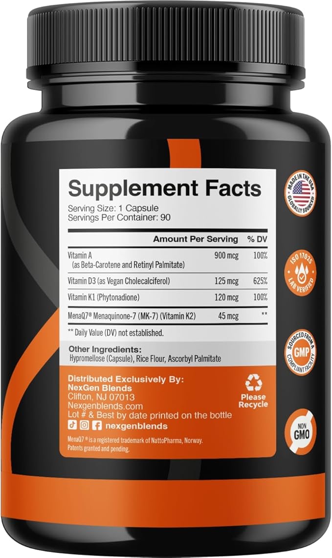High Absorption ADK Vitamin Supplement - Vegan Vitamin D3 K2 MK7 & A for Calcium Regulation plus Bone Heart Thyroid & Immune Support - Vitamin ADK with 5000IU D3 Non GMO & Gluten Free (3 Months)