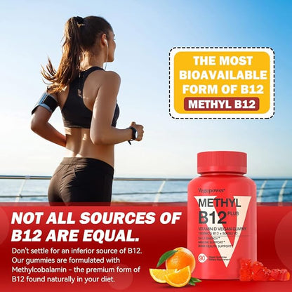 Vitamin B12 1000 mcg Gummies for Adults - Vegan Methyl B12 & Vitamin D3 5000 IU Gummy Supplements for Women - Supports Bone Health & Energy Boost - Non-GMO, Orange Flavor 180 Bears