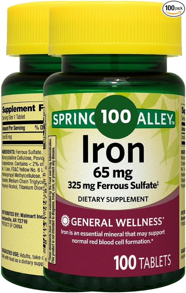 Spring Valley Iron Supplement for Iron Deficiency, 65 mg, Vegan, Halal, 100 Tablets
