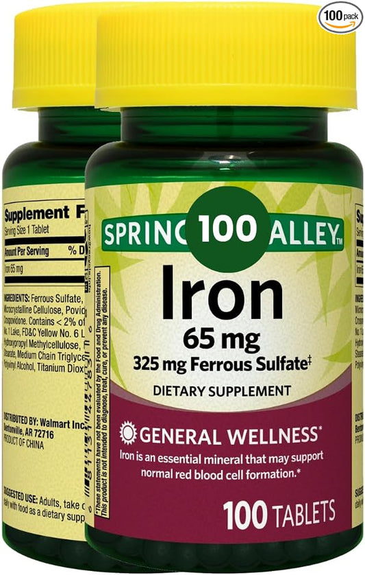 Spring Valley Iron Supplement for Iron Deficiency, 65 mg, Vegan, Halal, 100 Tablets