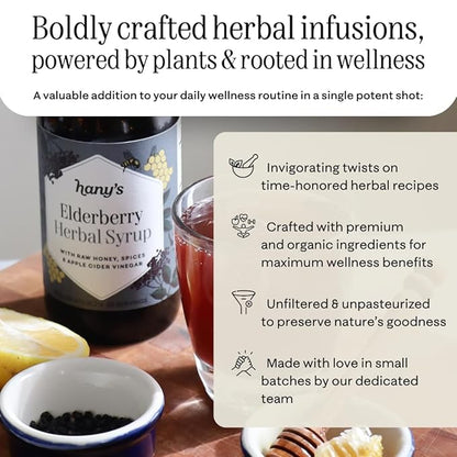 Hany's Harvest Elderberry Herbal Syrup – 16 fl oz | All-Natural Wellness Tonic, Apple Cider Vinegar, Raw Honey & Elderberry | Non-GMO, Gluten-Free, Handcrafted