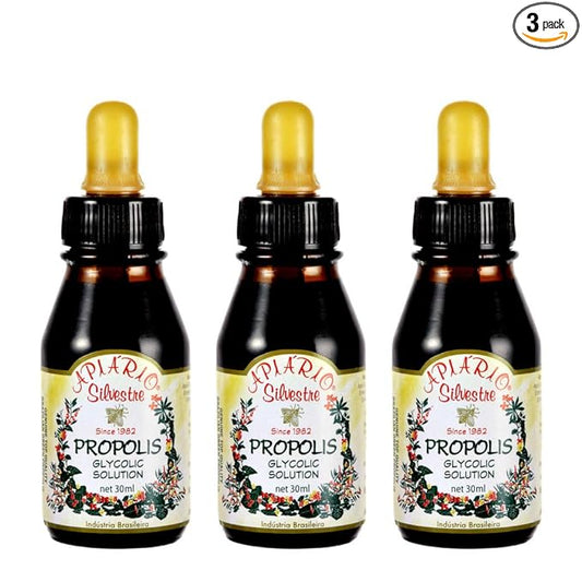 Official Distributor - 3 Bottles of Apiario Silvestre Brazilian Green Bee Propolis Liquid Glycolic Extract-Non Alcoholic, Wax Free, Sugar Free
