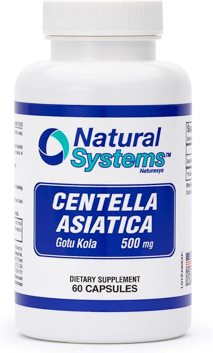 Centella Asiatica 500 mg 60 Capsules by Natural Systems - Gotu Kola Herb Moisturizer for Your Skin - Extract Also Beneficial for Calming Mind Tiredness