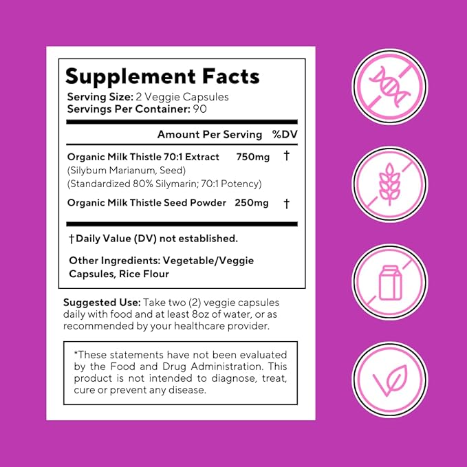 Organic Milk Thistle Supplement 70:1 Extract, 80% Silymarin, Liver Cleanse Detox & Repair, Liver Health Support, Antioxidants - 180 Vegan Capsules, Non-GMO, Gluten-Free