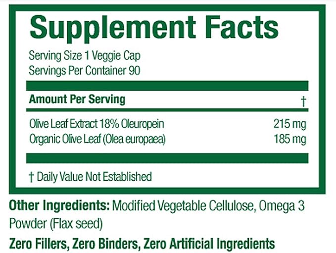 Organic Olive Leaf Extract Capsules - Pure Organic Olive Leaf Plus Standardized Oleuropein Extract, 90 Vegetarian Caps, 400 mg Maximum Strength Complex for Immune Health