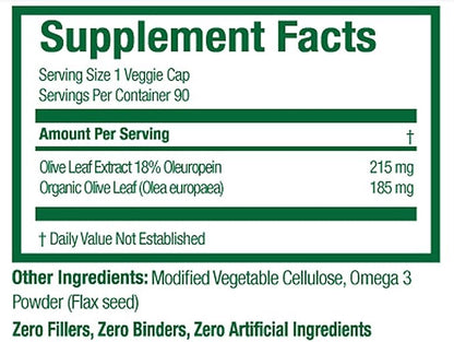 Organic Olive Leaf Extract Capsules - Pure Organic Olive Leaf Plus Standardized Oleuropein Extract, 90 Vegetarian Caps, 400 mg Maximum Strength Complex for Immune Health