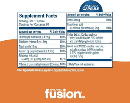 Bariatric Fusion B Vitamins for Energy Support | B-Complex with 70mg Natural Caffiene | Vegan Capsules | Bariatric Vitamins for Women and Men | Gluten, Dairy and Soy Free | Non-GMO | 60 Count