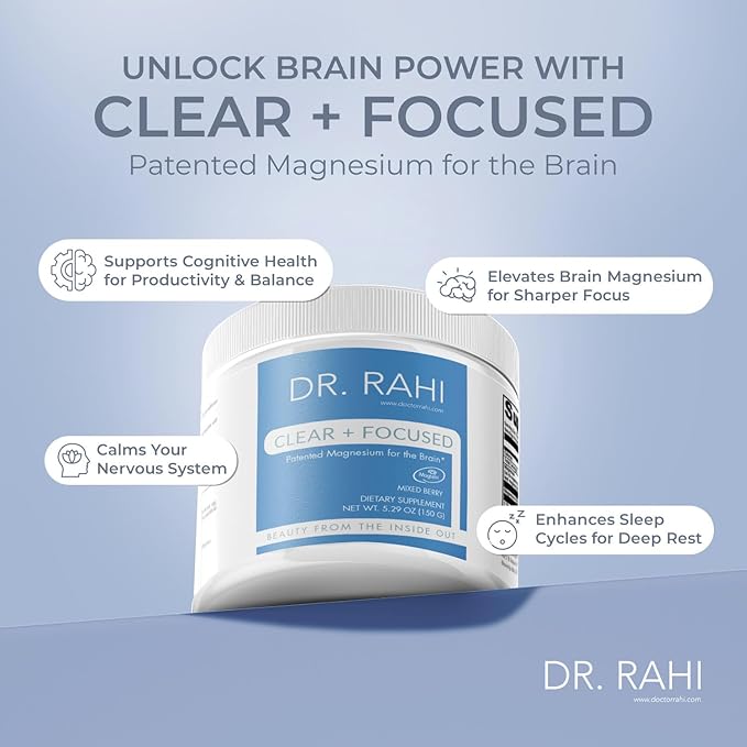 Magnesium Powder Supplement Made in USA MixedBerry 150g- Patented Magnesium L-Threonate Powder, Brain Support, Non-GMO Easy to Mix Magnesium Supplement Powder for Adults-Clear and Focused by Dr. Rahi