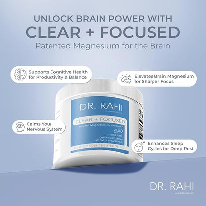 Magnesium Powder Supplement Made in USA MixedBerry 150g- Patented Magnesium L-Threonate Powder, Brain Support, Non-GMO Easy to Mix Magnesium Supplement Powder for Adults-Clear and Focused by Dr. Rahi