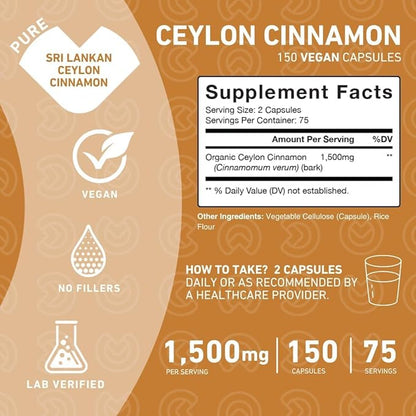 Ceylon Cinnamon Capsules – True Antioxidant Supplement from Sri Lanka Bark, Powerful Alternative to Pills or Tablets – 1500 mg, Vegan, Non-GMO, 150 Count (75 Day Supply)