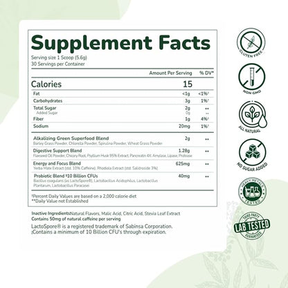 Olea Supercharge Greens Powder, Superfood Blend with Spirulina, Chlorella, Barley & Wheat Grass, 10 Billion CFU Probiotics & Digestive Enzymes for Energy, Detox, & Gut Health – Elderberry