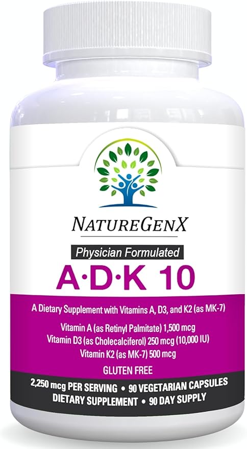 ADK 10 Supplement - Potent A, K2 & D3 Vitamin Supplement 10000 IU for Bone, Heart & Immune Support - 90 Count Easy-to-Swallow Vitamin ADK Supplement Capsules (3 Month Supply)