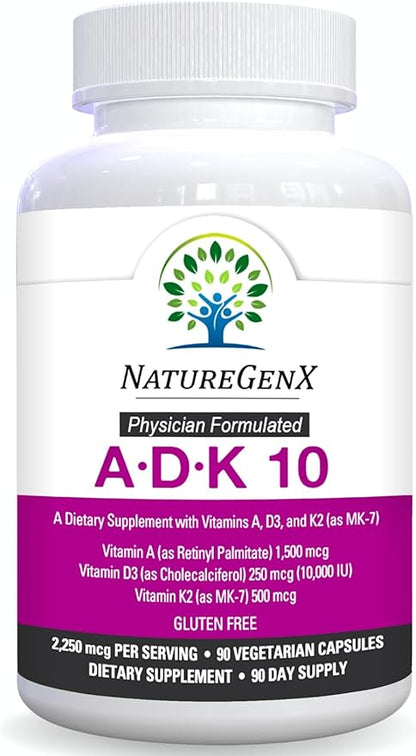 ADK 10 Supplement - Potent A, K2 & D3 Vitamin Supplement 10000 IU for Bone, Heart & Immune Support - 90 Count Easy-to-Swallow Vitamin ADK Supplement Capsules (3 Month Supply)