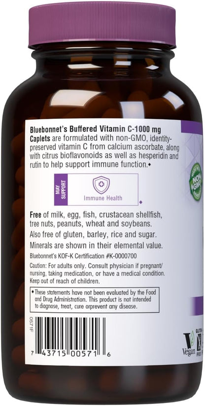 BlueBonnet Nutrition Buffered Vitamin C1000 mg Caplets Buffered Calcium Ascorbate, for Immune Health Soy Free Gluten Free NonGMO Kosher Dairy Free Vegan Caplets, White, Citrus, 180 Count