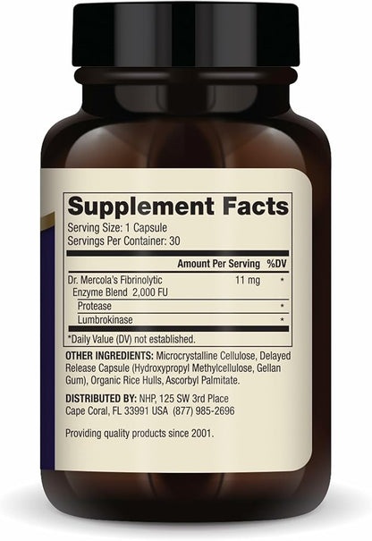 Dr. Mercola Lumbrokinase Enzymes - Delayed Release Formula - Dietary Supplement for Cardiovascular & Energy Support - Non-GMO, Gluten-Free & Soy-Free - 30 Capsules (30 Servings)
