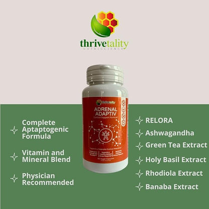Adrenal ADAPTIV Cortisol Support Formula by Thrivetality | #1 Physician Formulated | Clinically Proven | Adaptogen Blend with RELORA, Ashwagandha and Rhodiola