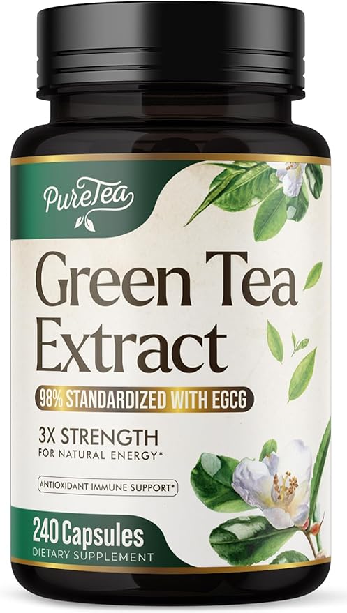 Green Tea Extract Pills 1000mg with EGCG for Heart Support with Antioxidants - 98% Standardized Polyphenols - 3X Absorption Green Tea Capsules for Natural Energy, Gentle Caffeine - 240 Capsules