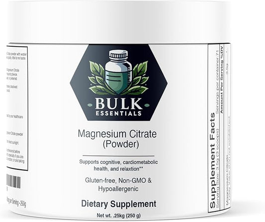 Pure Magnesium Citrate Powder – Unflavored 250g Supplement for Muscle, Heart & Digestive Support – USA Made, Free from GMO & Gluten – Magnesio 3.5g Per Serving