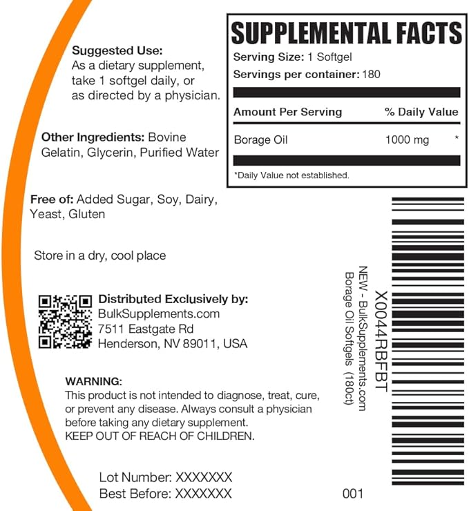 BulkSupplements.com Borage Oil Softgels - Gamma Linolenic Acid Supplement, Borage Oil Supplements, Borage Oil 1000mg - Gluten Free, 1 Softgel per Serving, 180 Count (Pack of 1)