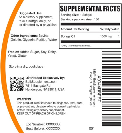 BulkSupplements.com Borage Oil Softgels - Gamma Linolenic Acid Supplement, Borage Oil Supplements, Borage Oil 1000mg - Gluten Free, 1 Softgel per Serving, 180 Count (Pack of 1)