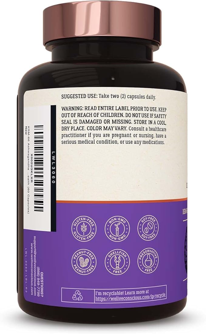 Live Conscious KSM-66 Ashwagandha Supplement w/L Theanine & AlphaWave - ZenWell Everyday Stress Relief, Cognitive, Brain Health - Ashwagandha for Men & Women - 60 Capsules (2-Pack)