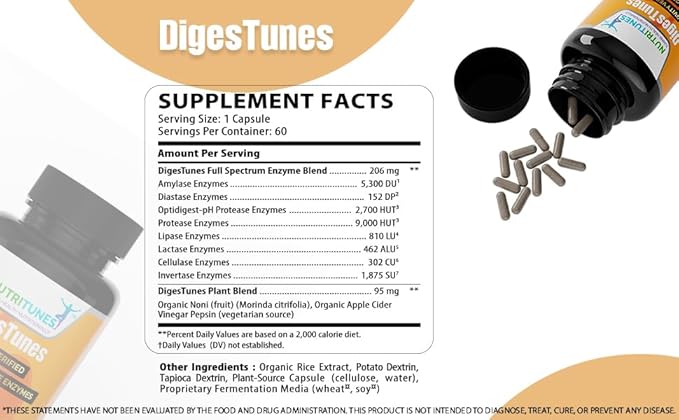 DigesTunes – Premium Digestive Enzymes to easily digest Carbs, Fats, Proteins & Lactose - Supports after-meal Bloating & Discomfort Relief – Food Grade Multi Enzyme Vegan Supplement, 60-Day Supply