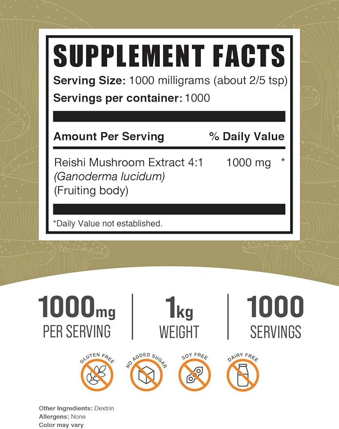 BulkSupplements.com Reishi Mushroom Extract Powder - Reishi Mushroom Powder, Supplement for Overall Well-Being - Gluten Free, 1g per Serving, 1kg (2.2 lbs) (Pack of 1)