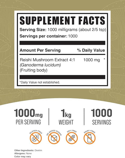 BulkSupplements.com Reishi Mushroom Extract Powder - Reishi Mushroom Powder, Supplement for Overall Well-Being - Gluten Free, 1g per Serving, 1kg (2.2 lbs) (Pack of 1)