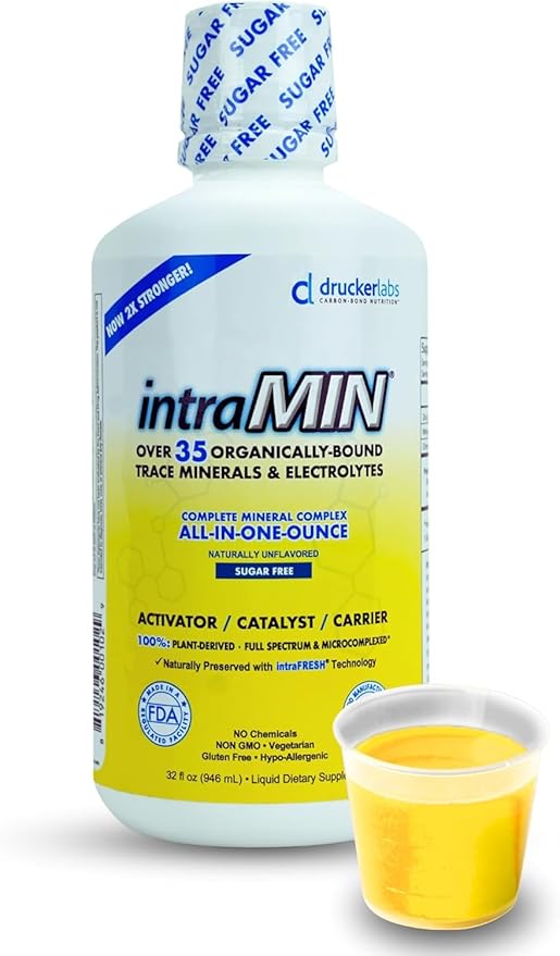 Drucker Labs - intraMIN Organic Liquid Minerals Supplement for Men, Women, Kids, Immune and Muscle Support, Non GMO, Gluten Free, Vegan, Electrolytes, Sugar Free (32 oz.,Unflavored)